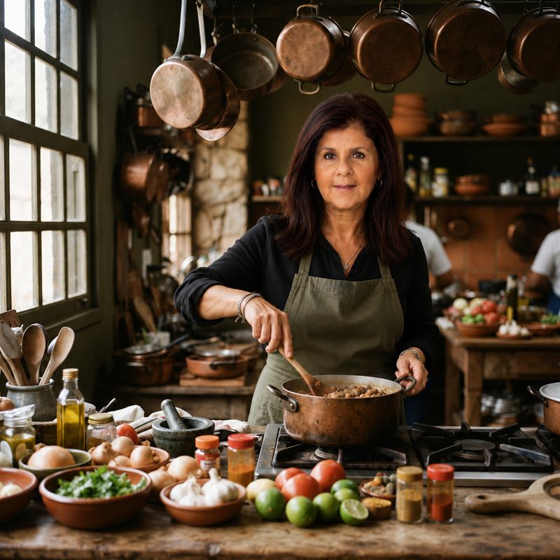 Carmen Reinstein cozinhando em uma cozinha rústica, mexendo uma panela de cobre sobre o fogão